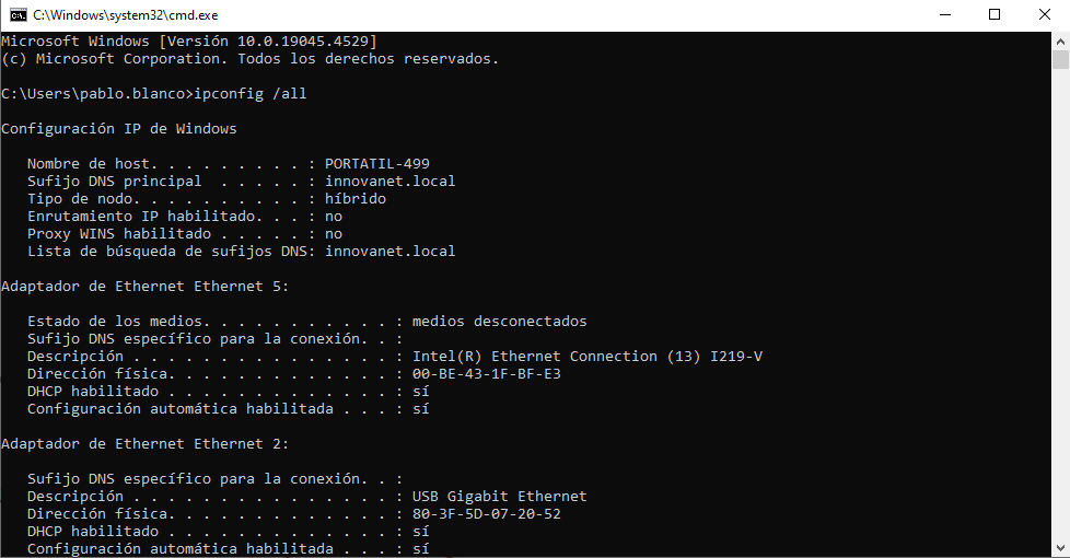 Interfaz de línea de comandos (CLI) de Windows mostrando el comando ipconfig /all